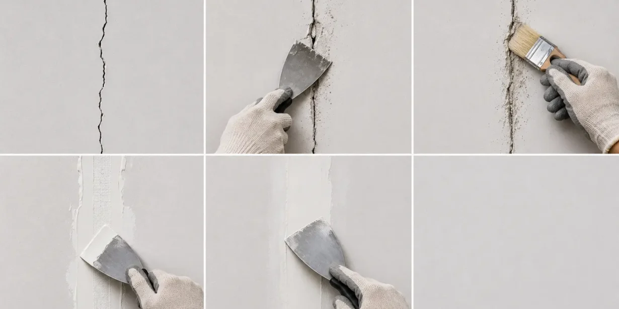 Blog featured image guide on drywall crack repair, presenting a sequential six-panel infographic showing a thin wall crack, a gloved hand using a putty knife to widen and score the gap, a paint brush cleaning out debris, a mesh tape patch being mudded over, a finishing skim coat layer being smoothed out, and a seamlessly smooth repaired wall.