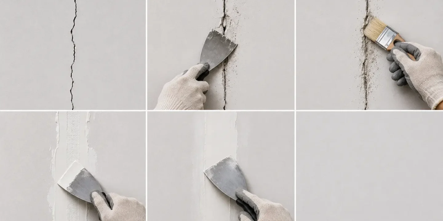Blog featured image guide on drywall crack repair, presenting a sequential six-panel infographic showing a thin wall crack, a gloved hand using a putty knife to widen and score the gap, a paint brush cleaning out debris, a mesh tape patch being mudded over, a finishing skim coat layer being smoothed out, and a seamlessly smooth repaired wall.