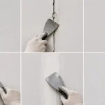 Blog featured image guide on drywall crack repair, presenting a sequential six-panel infographic showing a thin wall crack, a gloved hand using a putty knife to widen and score the gap, a paint brush cleaning out debris, a mesh tape patch being mudded over, a finishing skim coat layer being smoothed out, and a seamlessly smooth repaired wall.