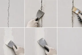 Blog featured image guide on drywall crack repair, presenting a sequential six-panel infographic showing a thin wall crack, a gloved hand using a putty knife to widen and score the gap, a paint brush cleaning out debris, a mesh tape patch being mudded over, a finishing skim coat layer being smoothed out, and a seamlessly smooth repaired wall.