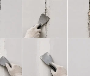 Blog featured image guide on drywall crack repair, presenting a sequential six-panel infographic showing a thin wall crack, a gloved hand using a putty knife to widen and score the gap, a paint brush cleaning out debris, a mesh tape patch being mudded over, a finishing skim coat layer being smoothed out, and a seamlessly smooth repaired wall.