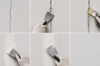 Blog featured image guide on drywall crack repair, presenting a sequential six-panel infographic showing a thin wall crack, a gloved hand using a putty knife to widen and score the gap, a paint brush cleaning out debris, a mesh tape patch being mudded over, a finishing skim coat layer being smoothed out, and a seamlessly smooth repaired wall.
