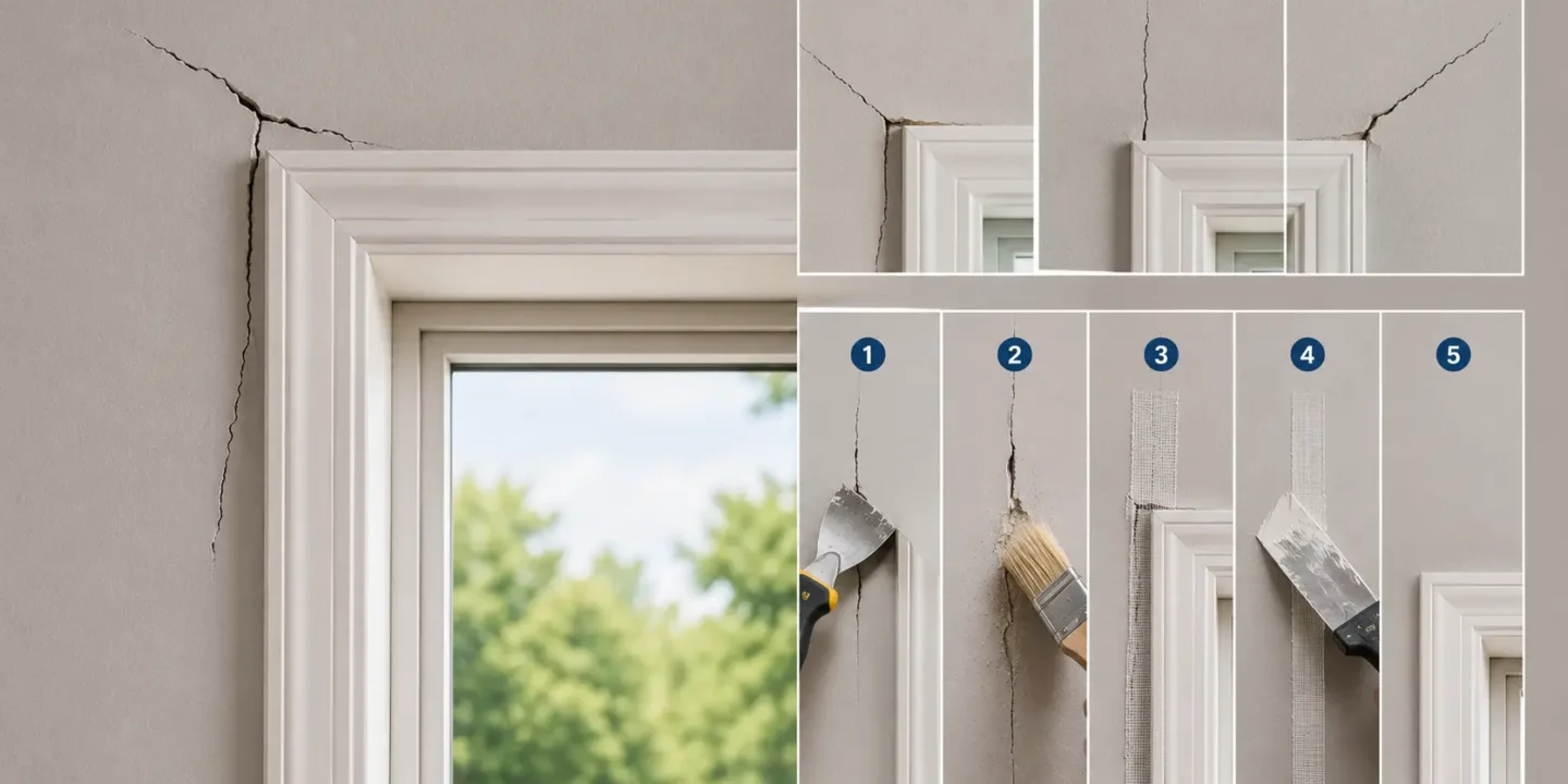 Blog featured image guide on troubleshooting drywall cracks around windows, showing a large fracture branching out from a window frame alongside structural diagrams of corner stress points and a numbered 1-to-5 step-by-step repair infographic illustrating scraping, cleaning, taping, mudding, and finishing the wall.