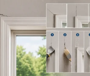 Blog featured image guide on troubleshooting drywall cracks around windows, showing a large fracture branching out from a window frame alongside structural diagrams of corner stress points and a numbered 1-to-5 step-by-step repair infographic illustrating scraping, cleaning, taping, mudding, and finishing the wall.