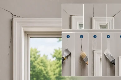 Blog featured image guide on troubleshooting drywall cracks around windows, showing a large fracture branching out from a window frame alongside structural diagrams of corner stress points and a numbered 1-to-5 step-by-step repair infographic illustrating scraping, cleaning, taping, mudding, and finishing the wall.